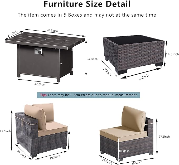 Outdoor Terrace Furniture Set With 43-Inch Aluminum 55001 BTU Propane Fire Pit, 15 Piece PE Willow Vine Dialogue - Brown