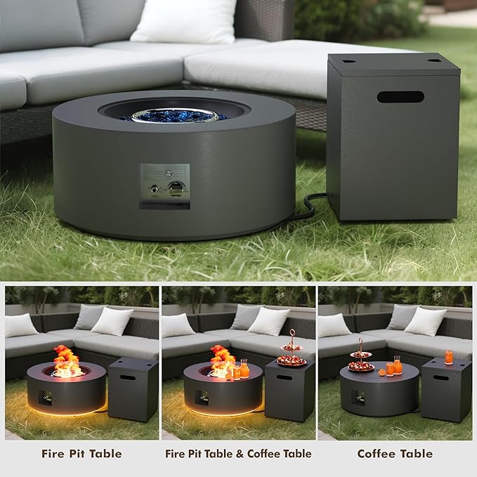 30" Round Propane Fire Pit Table - 50K BTU with Lid, Rocks Tank Storage and Cover - Round Gas Fire Pits for Outside Patio - Outdoor Table with Firepit (Grey/Golden Light, 30" Round)