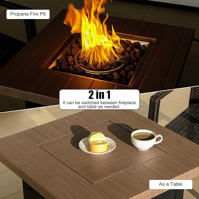 28 Inch Propane Fire Pit Table, Outdoor Gas Fire Pits with Lid & Lava Rock, 50000 BTU Firepit for Dinning, Party in Outside, Patio, Garden or Yard(Black&Brown)