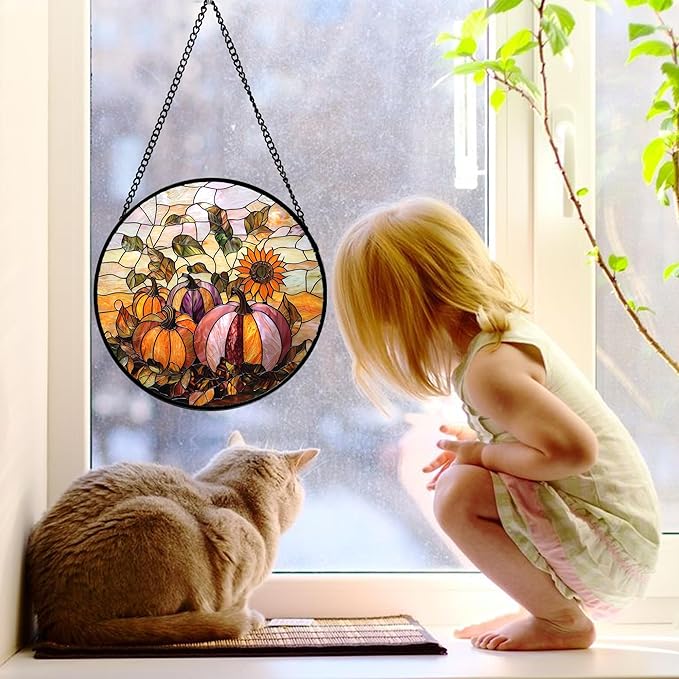 DASTOLL Stained Glass Window Hanging, Pumpkin Sunflower Suncatcher Diamond Glass Panel Sun Catchers Decor for Birthday for Women, Men, Wife, Aunt, and Mom 11.8x11.8 in