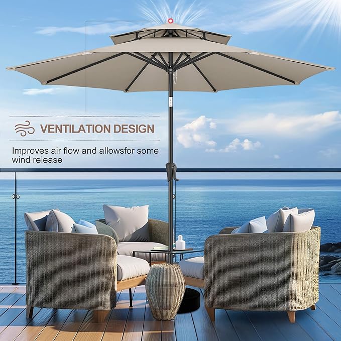 FLAME&SHADE 9ft Patio Umbrella - 2 Tiers Outdoor Umbrella with Push Button Tilt and Crank for UV Protection, Table Market Umbrella for Garden, Deck, Backyard, Pool and Beach(Taupe)