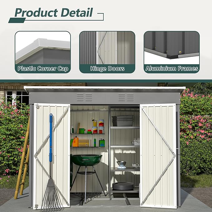 4X8 FT Outdoor Storage Shed W/Floor Base,Metal Shed W/Lockable Door & 2 Air Vents,All Weather Garden Tool House W/Updated Frame Structure,for Backyard Patio Lawn,Gray