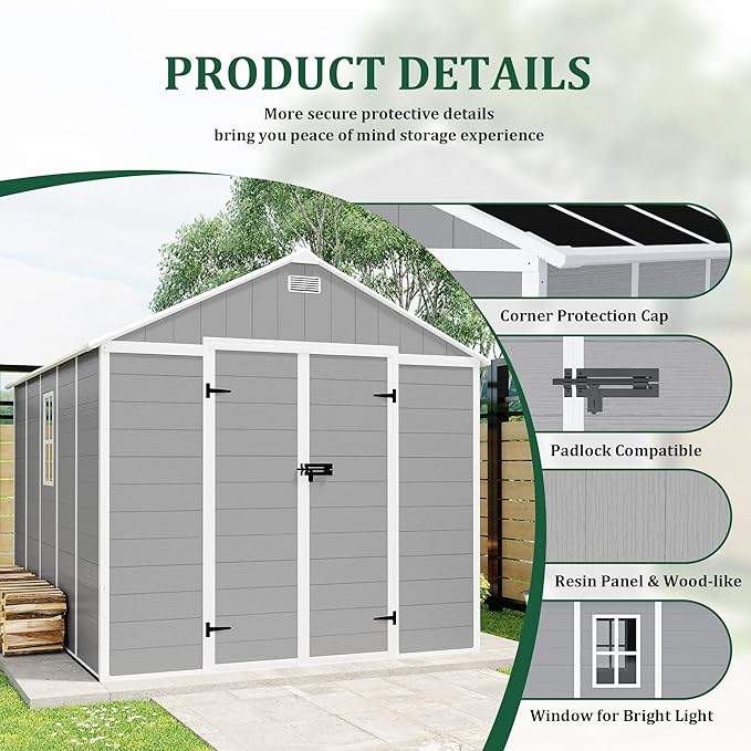 8x8 FT Resin Storage shed, Outdoor Storage Sheds with Floor, Window, Lockable Doors and Vents, 12mm Thick pp Board, Large Storage Space Tool Shed for Lawn, Backyard, Patio (Gray, 8 * 8ft)