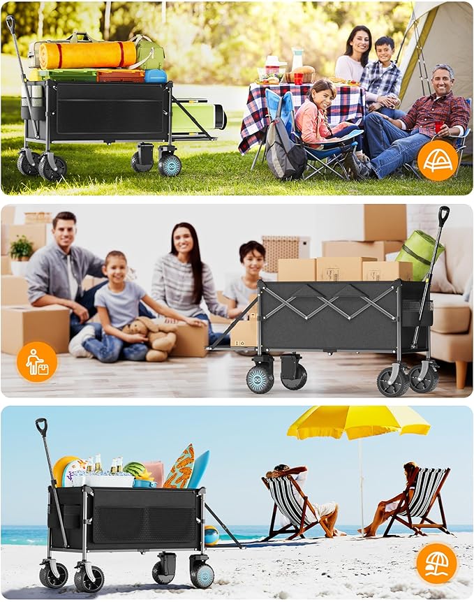 Dual Motor Electric Utility Wagon Cart–330 lb Load, 180 L Foldable Beach Wagon with Remote, 4-Speed, All-Terrain Wheels for Camping, Beach, Garden & Shopping, Black