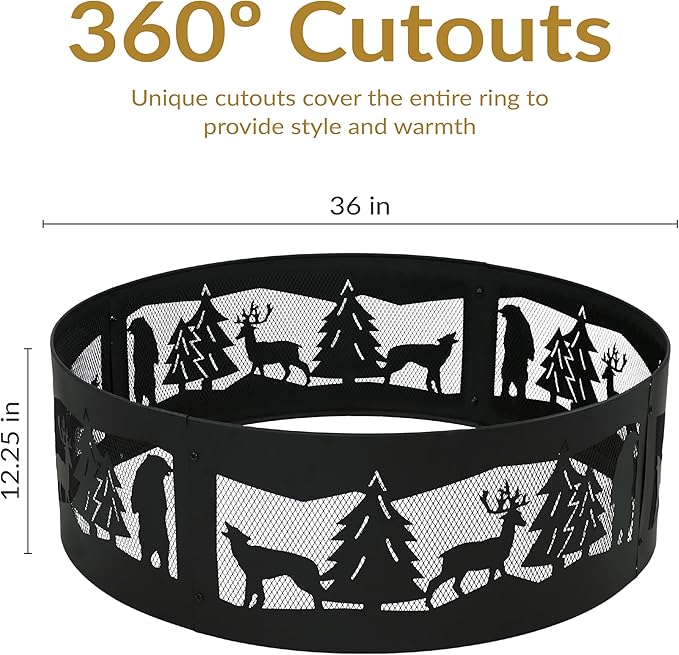 Sunnydaze 36-Inch Outdoor Fire Ring - Portable Metal Fire Pit Ring for Camping or Backyard - 360-Degree Wildlife Cutouts - Forest Wilderness