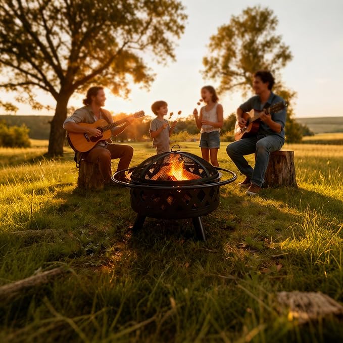 Smug 30 Inch Round Fire Pit, Wood Burning Fire Pits for Outside with Spark Cover Fire Poker, Outdoor Firepit for Patio, Backyard, Garden, Bonfire Party
