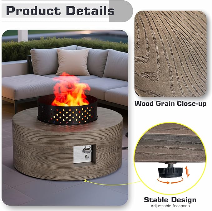 Wood Grain 30'' Patio Fire Pit Table Round, Propane Gas Fire Table 50,000 BTU, Outdoor Firepit & Fireplace for Patio, Brown