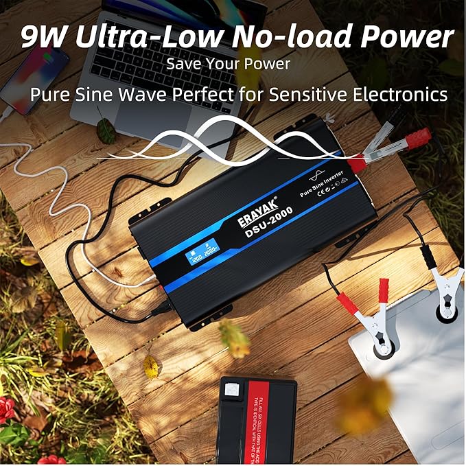 Erayak 2000W Pure Sine Wave Inverter 12V DC to 110V 120V AC Converter for Home, RV, Truck, Off-Grid Solar Power Inverter with 18W USB-C, Fast Charger, LCD Monitor, 6m Remote Controller