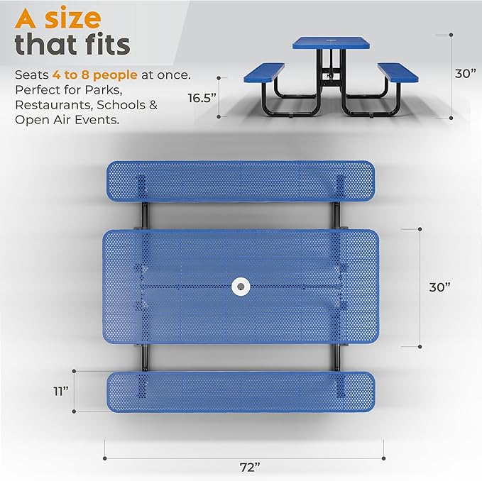 Commercial Heavy-Duty Metal Picnic Table - ADA Compliant, Adjustable Seats, Umbrella Hole (Blue, 6' Rectangular, Punched Steel)