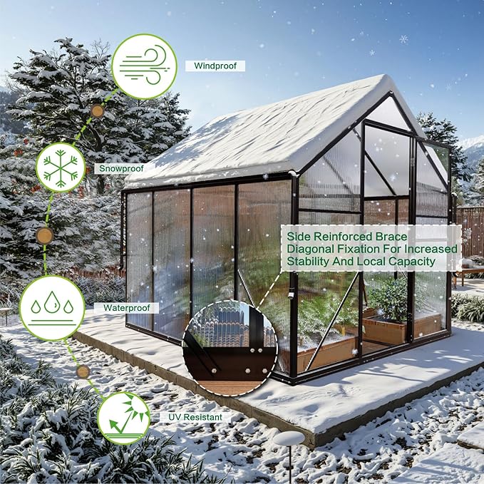6x8 FT Greenhouse for Outdoors, Polycarbonate Green House with Adjustable Roof Vent and Rain Gutter, Aluminum Large Walk-in Greenhouse with Quick Setup Structure for Outside Garden Backyard Patio