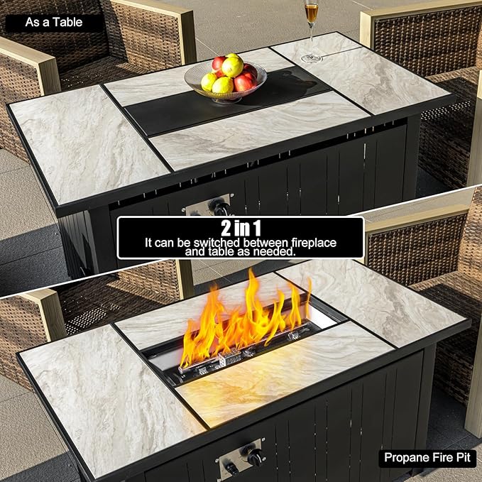 47" Propane Fire Pit Table with Real Ceramic Tabletop, 50000 BTU Gas Firepit Table with Lid & Lava Stones, Outdoor Fire Pit for Dining or Party, Firepit for Outside, Patio