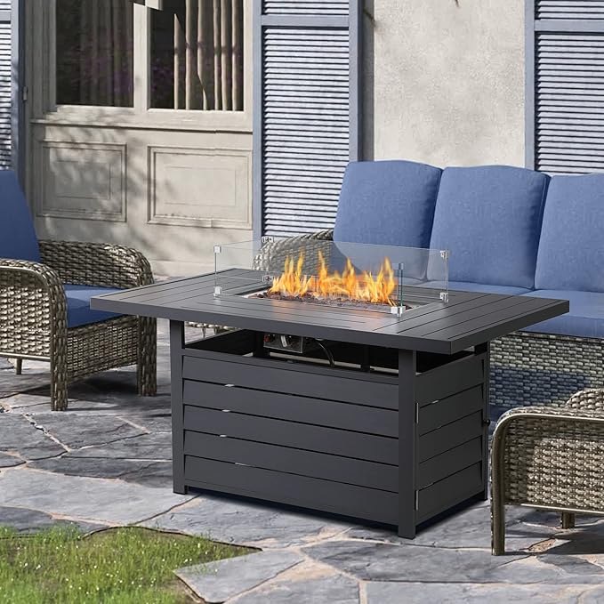 Wisteria Lane 54.3” Outdoor Patio Aluminum Fire Pit Table, 50000 BTU CSA Certified Propane Gas Fire Pit, Rectangular Fire Table w/Stainless Burner, Lava Rock, Waterproof Cover