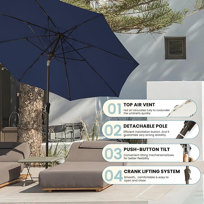9FT Large Outdoor Patio Umbrella Market Table Umbrella-UV Resistant, Easy Push Button Tilt and Crank, 8 Sturdy Ribs Heavy-Duty Pool Umbrella for Deck, Backyard,Garden,Navy