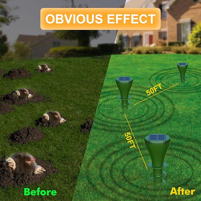 Mole Repeller Solar Ultrasonic 4 Pack, IP65 Waterproof Tested Champion Against Moles and Snakes in Gardens Animal-Friendly Rodent Repeller Keeps Snakes Out of Your Yard