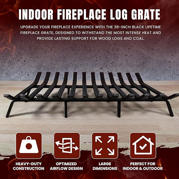 Lifetime Fireplace Grate 36 Inch - Black | Heavy-Duty Fireplace Log Holder | Alternative to Cast Iron Fireplace Grate | Heat-Resistant 39 Lb Basket Style Grate