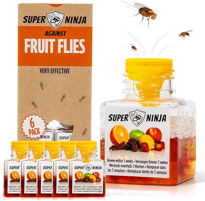 Super Ninja Fruit Fly Traps for Indoors - 6 Pack, Highly Effective Fruit Fly Catcher for Indoor Use for Home & Kitchen, Up to 3 Weeks of Performance per Bottle, Kid & Pet Friendly