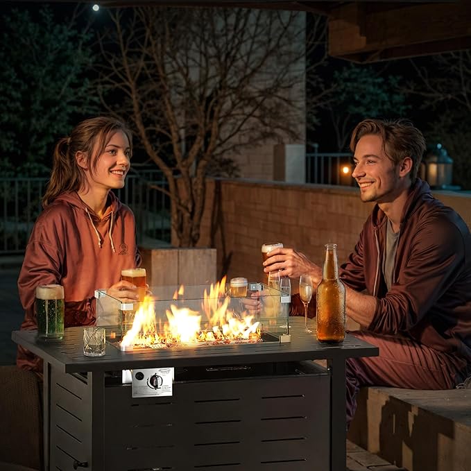 Aoxun 44" Propane Fire Pit Table– 60,000 BTU Outdoor Gas Fire Pits with Removable Lid & Waterproof Cover, Lava Rocks Rectangle Gas Firepit Table for Outside Patio Black