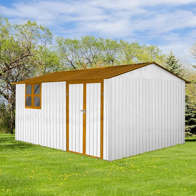 Metal Garden Sheds 12ftx10ft Outdoor Storage Sheds White+Yellow with Window, for Backyard, Patio, Poolside