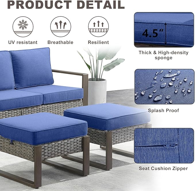 Rilyson Outdoor Ottoman Wicker Patio Footrest - 2 Piece Wicker Footrest Footstools Set with Sturdy Frame,All-Weather PE Wicker, Thick Cushions for Deck Porch Garden(Mixed Grey/Blue)