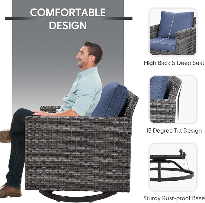 6 Piece Wicker Patio Furniture Set - Outdoor Swivel Rocker Chairs Set with Coffee Table, 3 Seat Sofa & Ottomans, Small Patio Conversation Sets Proch Furniture for Balcony Deck - Grey/Blue