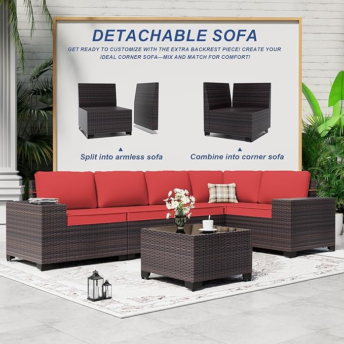 Outdoor Patio Furniture Set, 6 Pieces Outdoor Sectional Furniture High Backrest Patio Sofa, All-Weather PE Rattan Patio Conversation Set with Coffee Table & Cushions-Red.