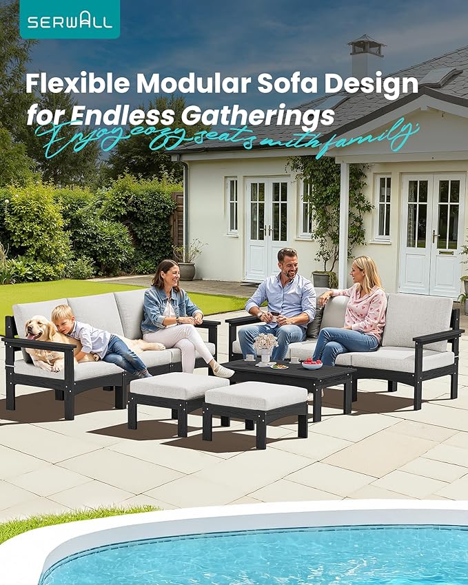 SERWALL 9 Pieces Patio Furniture Set, HDPE Outdoor Sectional Sofas, Outdoor Couch Set with Cushions and Coffee Table, Extra-Large Modular Conversation Set for Garden, Black Frame with Khaki Cushion