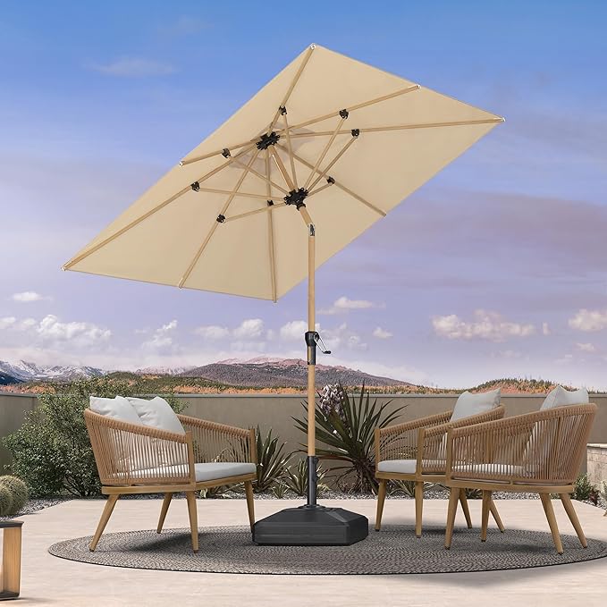 PURPLE LEAF 6.5' x 6.5' Patio Umbrella with Base Square Outdoor Table Umbrella Market Umbrella with Push Button Tilt & Crank and 8 Ribs Aluminum Outdoor Umbrella for Pool Backyard Beach, Beige