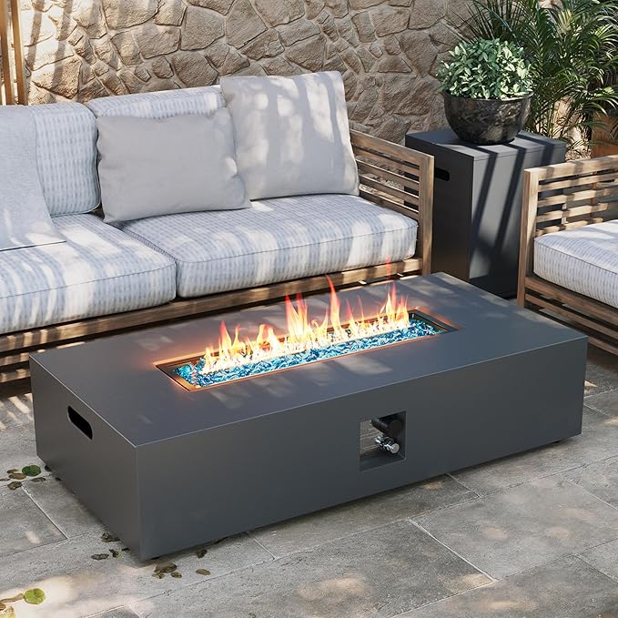 UPHA 56-inch Outdoor Propane Gas Fire Pit Table 50000 BTU Iron Rectangle Firepit for Outside Patio with Tank Hidden Table, Removable Lid, Blue Glass Rocks, Rain Cover, Grey
