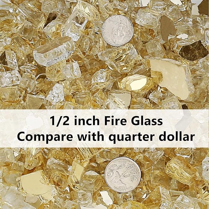 Grisun Gold Fire Glass for Fire Pit - 1/2 Inch High Luster Reflective Tempered Glass Rocks for Natural or Propane Fireplace, Safe for Outdoors and Indoors Firepit Glass, 10 Pounds