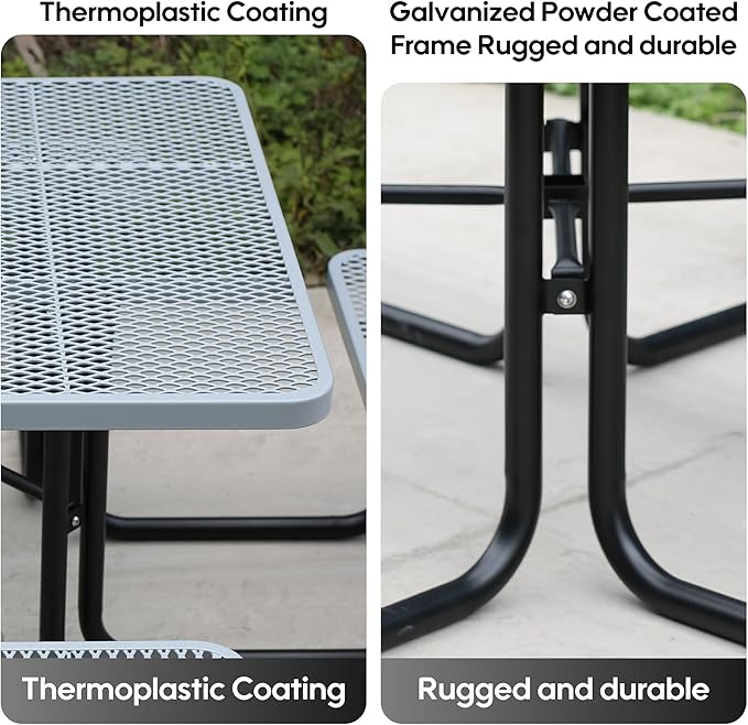 8-Person Outdoor Picnic Tables,46" Heavy-Duty Metal Square Picnic Table,Expanded Metal Commercial-Grade Table with 4 Benches & Umbrella Hole,Waterproof Coating Beach Table for Patio,Garden, Backyard