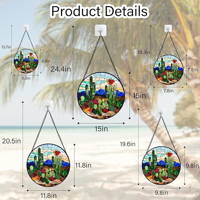 DASTOLL Stained Glass Window Hanging, Green Cactus Suncatcher for Doors Window Home Plant Landscape Sun Catchers Decoration Mother's Day Birthday Gifts for Women, Men, and Mom 15 in