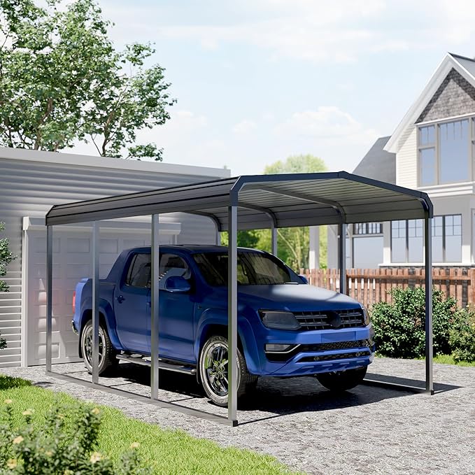 Heavy Duty Metal Carport Kits with Galvanized Steel Roof and Frame, Outdoor Carport Canopy Enhanced Base, Extra Large Car Tent Garage Shelter for Car, SUV, Truck and Boats (10x15 FT, Gray)