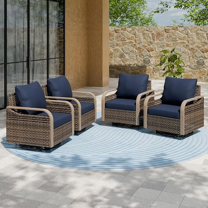 EAGLE PEAK Modern Wicker Outdoor Glider Rocking Chair, Swivel Rocker, Rattan Patio Furniture for Yard Deck Porch Garden, 4 Chairs, Brown/Blue