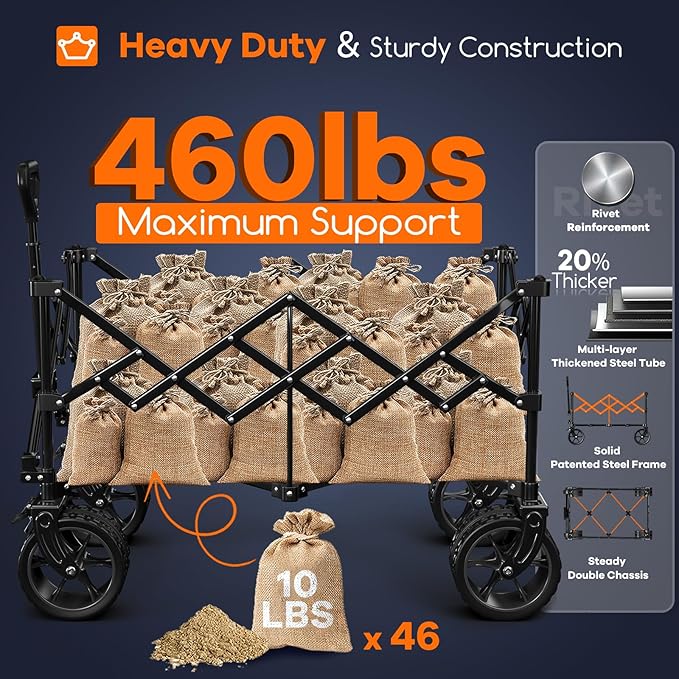 220L Collapsible Wagon Cart Foldable, 460lbs Load Capacity Heavy Duty Folding Beach Wagons with Big All-Terrain Wheels, Utility Carts for Groceries, Shopping, Camping, Sports - Red