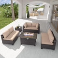 Kurapika 8 Pieces Patio Furniture Set, Rattan Wicker Outdoor Conversation Sets w/43in Propane Fire Pit Table and 4 Inch Cushion(Sand)