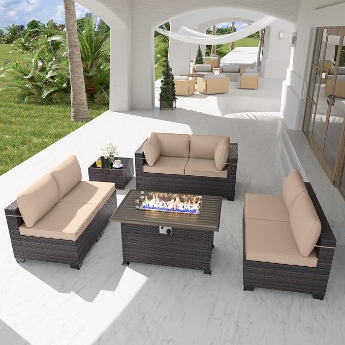 Kurapika 8 Pieces Patio Furniture Set, Rattan Wicker Outdoor Conversation Sets w/43in Propane Fire Pit Table and 4 Inch Cushion(Sand)
