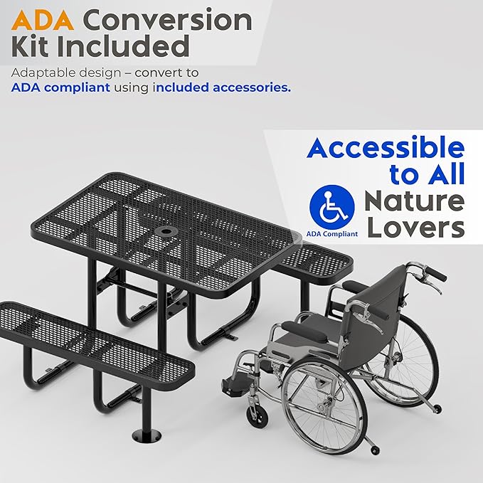 OUTTANS Commercial Heavy-Duty Metal Picnic Table - ADA Compliant, Adjustable Seats, Umbrella Hole, Expanded Metal (Black, 4' Rectangular)
