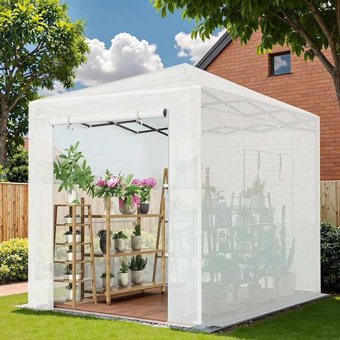 Greesum 8x6 FT Portable Pop-up Greenhouse with Center Lock, PE Cover, Zippered Door and 2 Roll-up Windows, Easy Assemble(White)