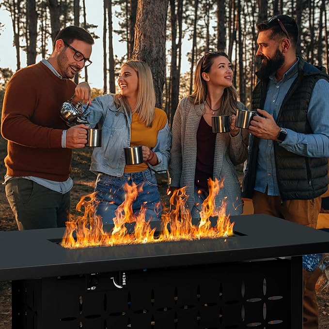 Shintenchi 43 Inch Fire Pit Table, 50,000 BTU Outdoor Propane Fire Table, Outdoor Steel Propane Fire Pit with Lid and Lava Rock for Garden, Yard, Camping, Pool Use, Charcoal Black
