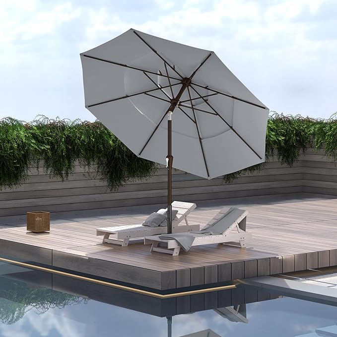 9FT 3-Tier Large Outdoor Patio Umbrella Market Table Umbrella-UV Resistant,Easy Push Button Tilt and Crank,8 Sturdy Fiberglass Ribs Heavy-Duty Pool Umbrella for Deck,Backyard,Garden,Yard,Light Gray