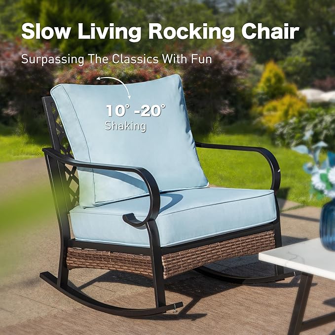SUNSHINE VALLEY 4 PCS Metal Outdoor Patio Furniture Set, Patio Conversation Sets 1 3-Seater Sofa, 2 Rocking Chairs with 5.75" Extra Thick Cushion & Coffee Table, Black Frame Backyard Furniture, Blue