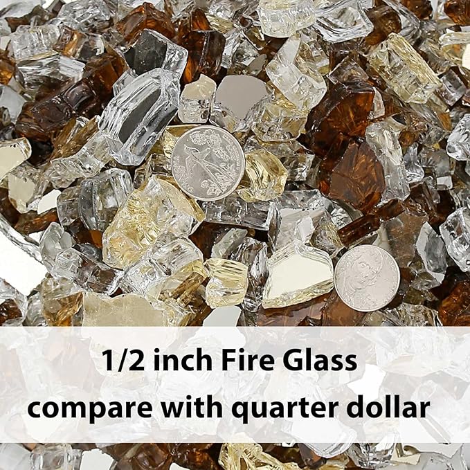 GRISUN 20 Pounds Fire Glass for Fire Pit - 1/2 inch High Luster Reflective Tempered Glass Rocks, Decorative for Natural or Propane Fireplace, Blend of Gold, Platinum and Copper