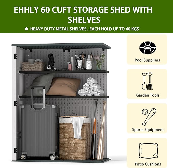 EHHLY Vertical Resin Storage Shed with 2 Shelves, 60 Cuft Garden Tool Sheds & Outdoor Storage, Plastic Outdoor Storage Cabinet Waterproof, 4.5 x 2.3 ft Backyard Outside Lawn Mower Storage Shed, White