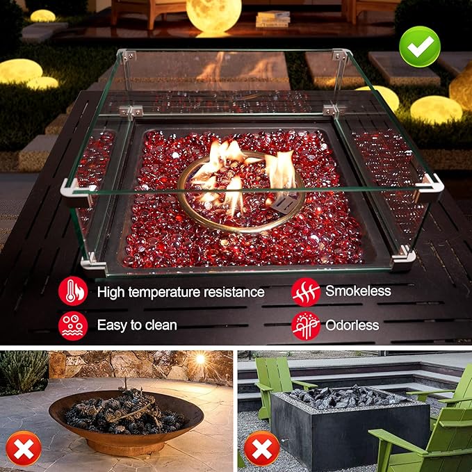 GasSaf Red Fire Glass Beads for Outdoor Fire Pit, Fireplace, Replaces Existing Gas Logs & Lava Rocks, 3/4 Inch Glass(20 Pound)(Red Luster)
