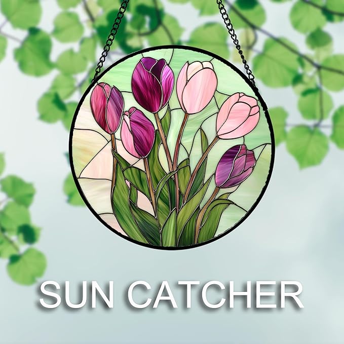 AMDERVEN Stained Glass Window Hanging 4 Pcs Set Tulips Plum Flower Daffodils Hyacinths Large 15" - Suncatcher Door Garden Sun Catcher Decor Birthday Mother's Day for Mom Woman Nana