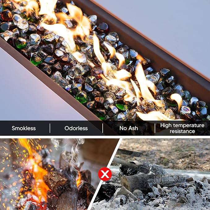 onlyfire 10-Pounds Fire Glass Diamonds for Propane Fire Pit, 1 Inch Blended Firepit Glass Rocks Stones for Gas Fireplace and Fire Pit Table, Emerald Green, Crystal Ice and Amber