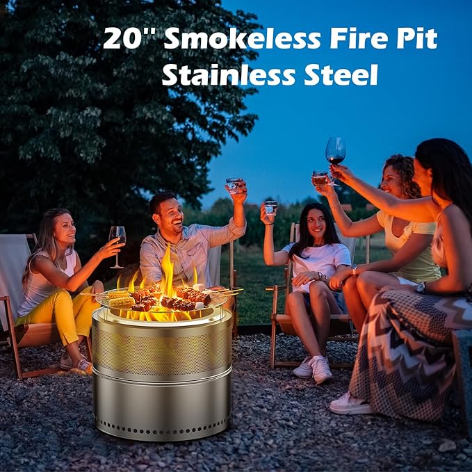 20 Inch Smokeless Fire Pits, Portable Firepit Stainless Steel Stove Bonfire, Outdoor Wood Burning Fireplace with Removable Ash Pan & Grill Rack, 360° Ventilation, for Camping, 4-6 People