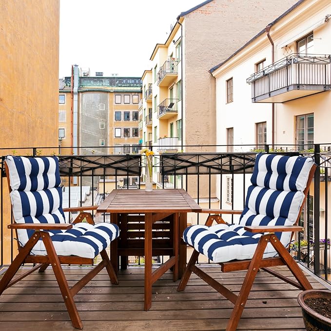 EAGLE PEAK Tufted Outdoor/Indoor High Back Patio Chair Cushions, Set of 2, 46'' x 22'', Navy Blue/White