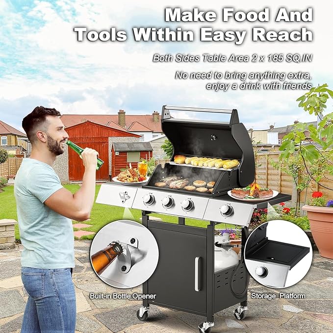 MELLCOM Upgraded 36,000 BTU Stainless Steel Burner Barbecue Grill, 3 Burner BBQ Propane Gas Grill with Cast Iron Grates & Side Stove for Patio, Camping, Outdoor Cooking