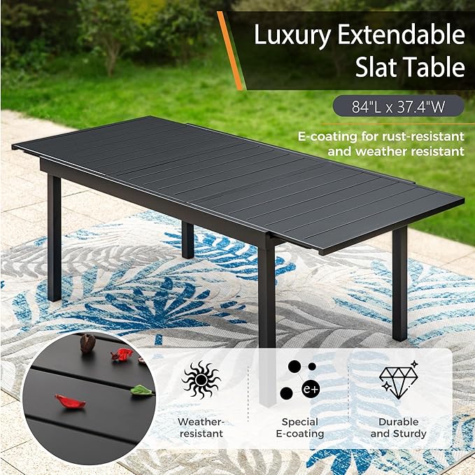 Expandable Outdoor Patio Dining Table for 8, Adjustable 61"/83" x 37" Rectangular Large 6-8 Person Metal Outdoor Table, Rectangle Metal Wrought Iron Extendable Table for Backyard and Porch